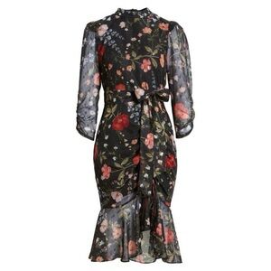 Eliza J Cocktail Dress Dark Floral Chiffon Sleeves Ruched Skirt Party Size 8
